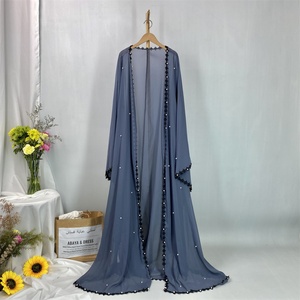 Lightweight Moroccan Chiffon <b>Long</b> <b>Kaftan</b> Dubai Abaya Style With Black Lace White Pearls for Muslim Women 1653# - Product Image 6