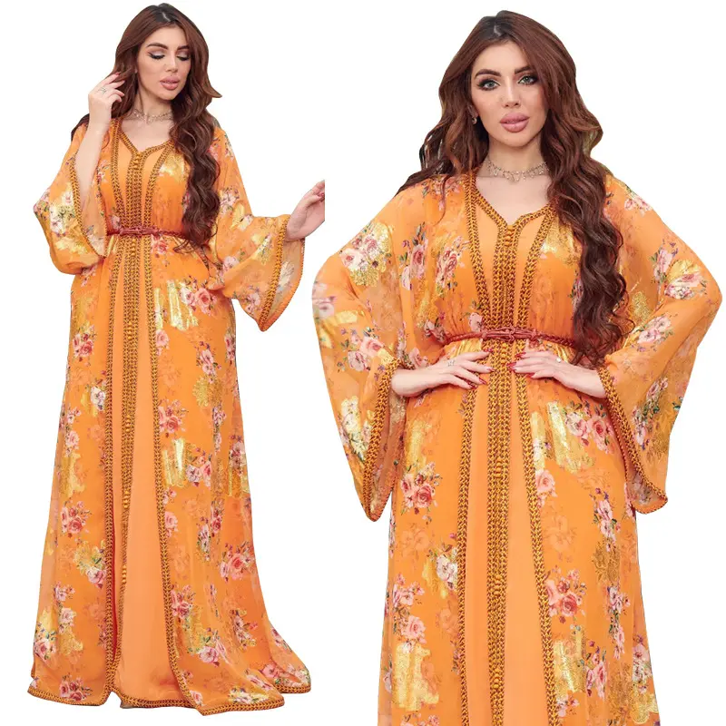 AB238 Orange 2pieces elegant wear saudi turkey jilbab eid hooded muslim women hijab dress prayer garment gown