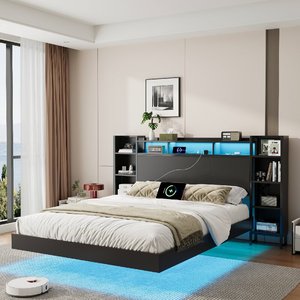 <span class=keywords><strong>Lit</strong></span> flottant moderne double avec station de charge USB, tête de <span class=keywords><strong>lit</strong></span> avec rangement, éclairage LED intégré, structure en métal robuste pour chambre à coucher - Product Image 2