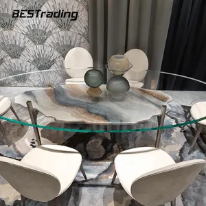 modern luxury design dining room set gold stainless steel and tempered glass top 6/8 seater oval shaped dining table