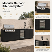 Ensemble d'armoires de cuisine extérieures modernes et modulaires, noir mat, avec évier BBQ et refroidisseur de boissons, pour villa et patio