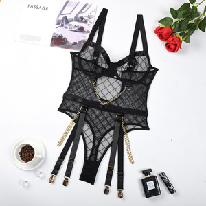 Black <b>Women's</b> Sexy Transparent Mesh Lattice Perspective Lingerie Set Polyester Fabric With Embroidery Decoration Thin Bras - Product Image 6