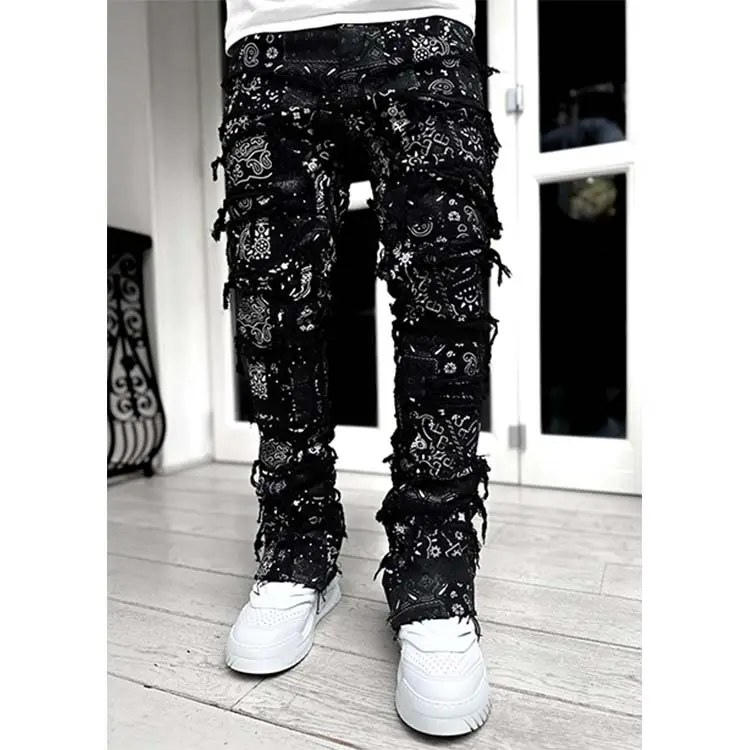 Custom Men High Street Distressed Flared Denim Pants Fashion Biker Washed Stacked Ripped Jeans for Men