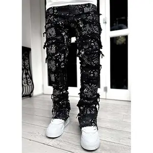 Custom Men High Street Distressed Flared Denim Pants Fashion Biker Washed Stacked Ripped Jeans For Men