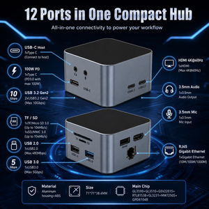 12-in-1 <span class=keywords><strong>USB</strong></span> <span class=keywords><strong>C</strong></span> Docking Station CUBE 4K 60Hz <span class=keywords><strong>HDMI</strong></span> 10Gbps Type <span class=keywords><strong>C</strong></span> HUB กิกะบิตอีเธอร์เน็ต SD TF เครื่องอ่านบัตร100W PD สำหรับแล็ปท็อป - Product Image 4