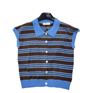 Women Striped Knit <b>Vest</b> Polo Neck Button Down Sleeveless Cardigan Casual Summer Top - Product Image 1