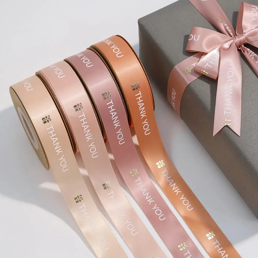 Factory Custom Printed logo on Ribbon 25mm Satin Ribbon Gold Foil Competitive Price Gift Ribbon logo Custom Luxury Wrapping