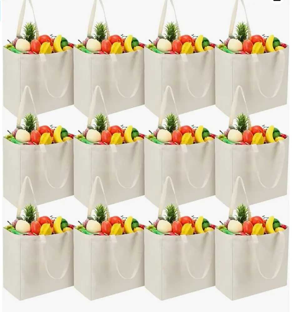 キャンバストートバッグバルク、ハンドル付きの再利用可能なショッピングバッグビーチピクニック用の頑丈な折りたたみ式ウォッシャブルキャンバス食料品バッグ
