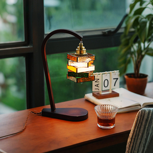 Vintage Style Solid Wood <b>Table</b> Lamp With Stained Glass Shade E26 LED Bulb For Living Room Bedroom <b>Study</b> Decor - Product Image 1