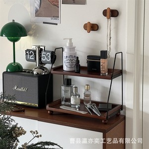 Retro Style Double Layer Wooden Storage <b>Rack</b> <b>For</b> Kitchen <b>Spice</b> <b>Jars</b> And Cosmetics Standing Type Durable Multipurpose Rectangle - Product Image 3
