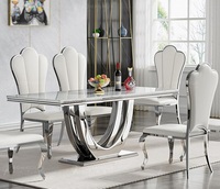 Ensemble de table et chaises de salle à manger extensible de luxe moderne, plateau en marbre, structure en acier inoxydable, imperméable, 6 places, rectangulaire, meubles de maison