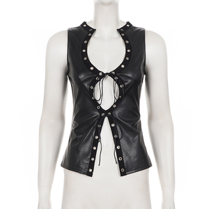 Débardeur en cuir sexy style punk sombre avec œillets et découpes, idéal pour la mode urbaine et les soirées en boîte de nuit pour femme - Product Image 6