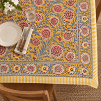 Nappe rectangulaire 100 % coton imprimée au bloc, motif floral botanique jaune, pour table à manger