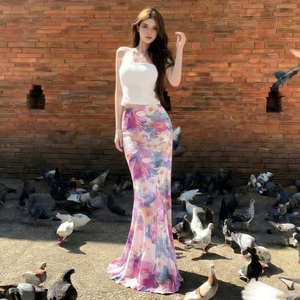 Jupe longue maxi en maille à imprimé floral coloré pour femme, taille basse, coupe sirène, légère et élégante, idéale pour les vacances d'été - Product Image 1