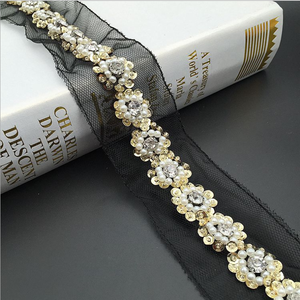 Handmade Wide Border Sequin <strong>Beaded</strong> Organza Lace <strong>Trim</strong> for Ladies Clothes - Product Image 1