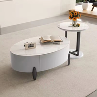 Ensemble de table basse ovale en bois et marbre de luxe moderne, salon gris avec tiroirs, meubles extensibles, design élégant et moderne