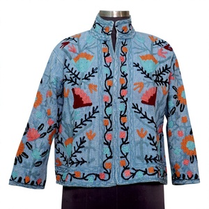 Hand Embroidered Floral Quilted Cotton Blouson <b>Jacket</b> <b>Mandarin</b> <b>Collar</b> Full Sleeve Autumn Women's Casual Coat - Product Image 1