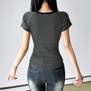 Vintage Stripe Print Button Embellished Women's U Neck Short Sleeve T-Shirt - Product Image 6