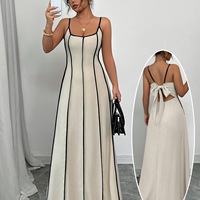 Robe longue pour femme, style chinois, tissée, décontractée, col mandarin, en polyester, fines bretelles, dos nu, color block, printemps