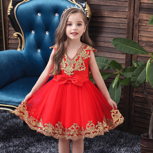 Vestido de princesa rojo para niños, disfraz de niña de las flores con cuello en V y tul, corte en A, para niños pequeños y niñas - Product Image 1