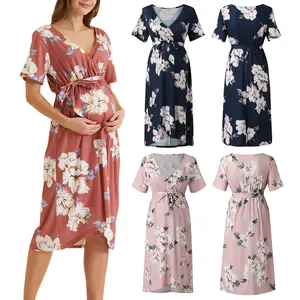 Atacado camisola amamentação-Vestidos de maternidade floral impressos, camisola para relaxar, alimentação do bebê, roupas de noite, S--2XL