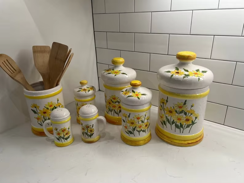 Vintage Sears Roebuck Yellow Daisy Ceramic Canister Set with