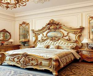 Cadre de lit de mariage en bois massif sculpté à la main, de luxe et antique, mobilier de chambre à coucher haut de gamme sur mesure - Product Image 1