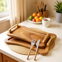 Plateau de service vintage en bois d'acacia de luxe léger avec poignée en métal, plateau en bois massif antiseptique pour le petit-déjeuner, les desserts et les collations