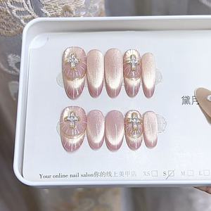 Faux <span class=keywords><strong>ongles</strong></span> personnalisés rose-gris, style français, faits à la main, avec effet chrome croisé et perles, à presser - Product Image 6