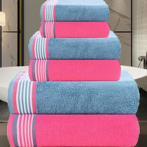 Juego de Toallas Rayadas de 6 Piezas Casa Copenhagen He She, Azul Polvoriento + Rosa, 550 GSM, 2 Toallas de Baño, 2 Toallas de Mano, 2 Toallitas, Algodón Egipcio - Product Image 2