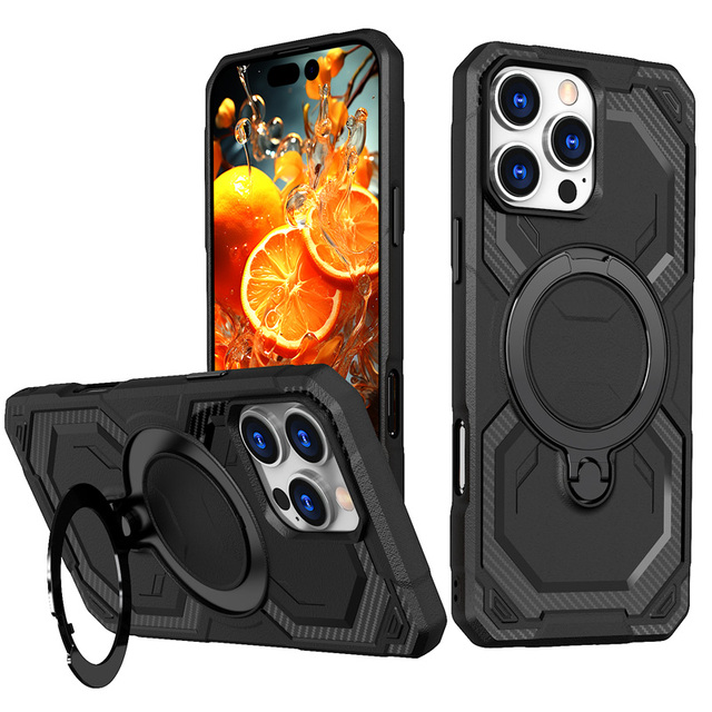 Armor TPU Magnetic Kickstand Wireless Charging Shockproof Back Cover for IPhone 17 15 14 13 16 Pro Max Black Phone Case