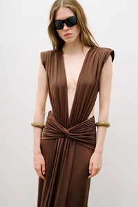 Nouvelle arrivée 2026, <span class=keywords><strong>robe</strong></span> sexy marron à nœuds plissés sans manches, col en V profond pour femmes, <span class=keywords><strong>robe</strong></span> longue <span class=keywords><strong>moulante</strong></span> - Product Image 5