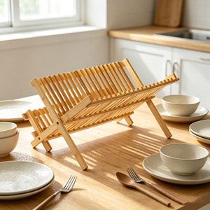 Bamboo Dish Rack 2 Tier <b>Collapsible</b> Kitchen Draining Rack For Plates Cups <b>Storage</b> - Product Image 2