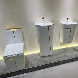 Hiện đại gốm phòng tắm WC nhà vệ sinh thiết lập vàng trắng dòng thiết kế tầng gắn vuông một mảnh nhà vệ sinh <span class=keywords><strong>commode</strong></span> và bệ bồn rửa - Product Image 1