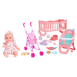 Poupée en vinyle de 12 pouces, ensemble 3 en 1 avec poussette, berceau, chaise haute, accessoires d'alimentation, jeu d'imitation pour enfants, cadeau d'apprentissage précoce - Product Image 1
