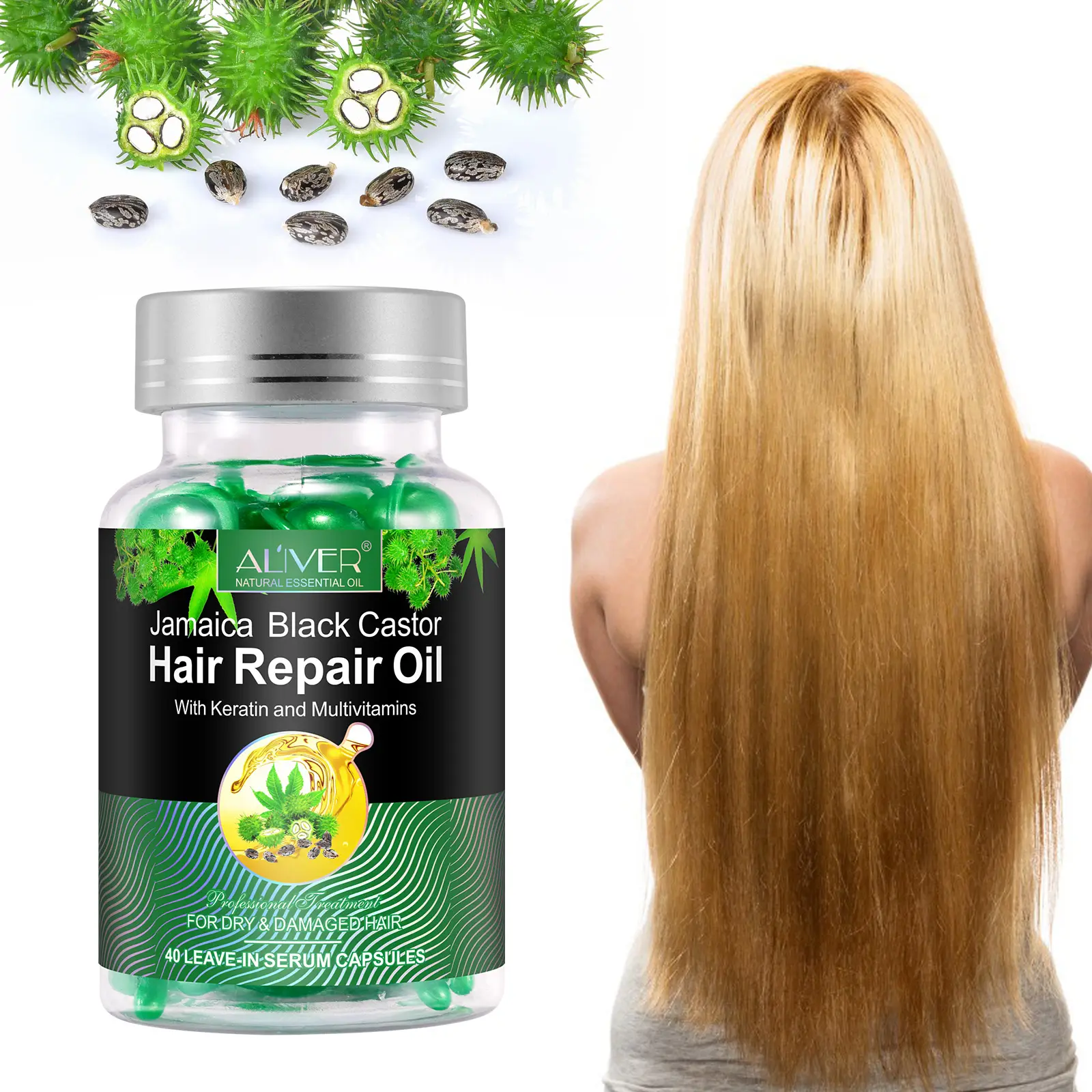 Аливное органическое 40 капсул, масло для ремонта волос, с кератином, поливитамины для восстановления поврежденных волос