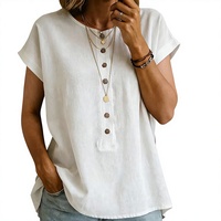 T-shirt à manches courtes pour femme, couleur unie, avec boutons décoratifs, style formel, logo personnalisé, printemps/été