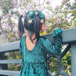 जूनियर बच्चा नवजात शिशु स्कूप वापस छोटी लड़कियों हरी मखमल स्पंदन आस्तीन ठोस हरी मखमल कपड़े डिजाइन - Product Image 5