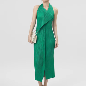 PY 2026 Elegant Halter Style Miyake Pleated Cross <b>Wrap</b> Sleeveless Dress Western Clothing Women Bulk Wholesale Online - Product Image 1