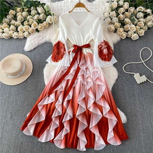 V Neck Colorblock Contrast Color Maxi Dress Women <b>Three</b> Quarter Sleeve Pleated Hem Modest Style Woven Breathable Daily Wear - Product Image 3