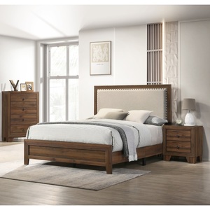 Modern Brown Cherry Finish Fabric Upholstered Soft Headboard Tufted Nailhead Trim <b>Queen</b> <b>Size</b> Panel <b>Bed</b> Wooden Bedroom Furniture - Product Image 5