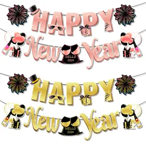 Happy New Year Banner with Fireworks Trim Paper New Year Eve Sign Party Supplies for Home Bar Photo Backdrop Decorations J020