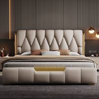 Cadre de lit moderne en cuir, disponible en tailles Queen ou King, avec veilleuse à détection de mouvement, pour un mobilier de chambre élégant