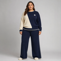 Ensemble de vêtements de détente deux pièces sur mesure pour femmes, taille plus, haut à manches longues en tricot colorblock, pantalon large, style preppy, coordonné, US S à 5X