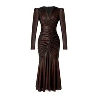 Robe de soirée plissée haut de gamme pour femme 2025 – Nouvelle collection printemps, col en V profond, dentelle, coupe ajustée, élégante, décontractée, longue, style sirène pour soirée