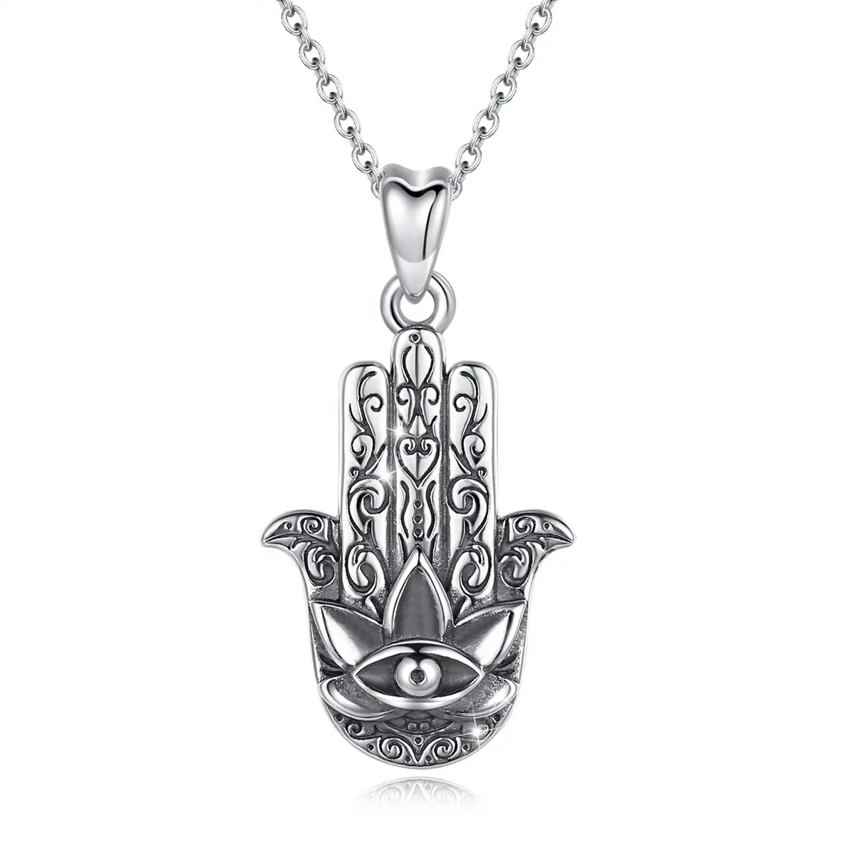 925 Sterling Silver Wanita Cantik Jahat Mata Biru Tangan Hamsa Pesona Liontin Kalung