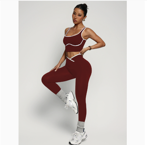 Conjunto de Yoga de 2 Piezas para Mujer, Top Deportivo con Cuello Cuadrado, Leggings de Cintura Alta, Color Negro Sólido con Ribete en Contraste, Transpirable y Sin Costuras - Product Image 4