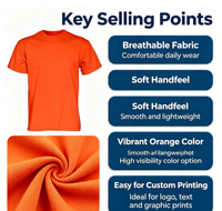 T-shirt orange uni personnalisé avec logo imprimé, manches courtes, mélange de coton, tee-shirt décontracté, fabrication OEM ODM, vente en gros