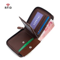 Dompet Pendek Resleting Kulit PU Lapis Lilin Retro Anti Maling RFID Blocking untuk Pria dengan Kantong Koin, Tempat Kartu Multi-Slot