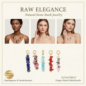จี้หินธรรมชาติทรงเสา |   จี้หินดิบแบบซ้อนพร้อมห่วงสแตนเลสชุบทอง 18K PVD สำหรับทำเครื่องประดับ - Product Image 1
